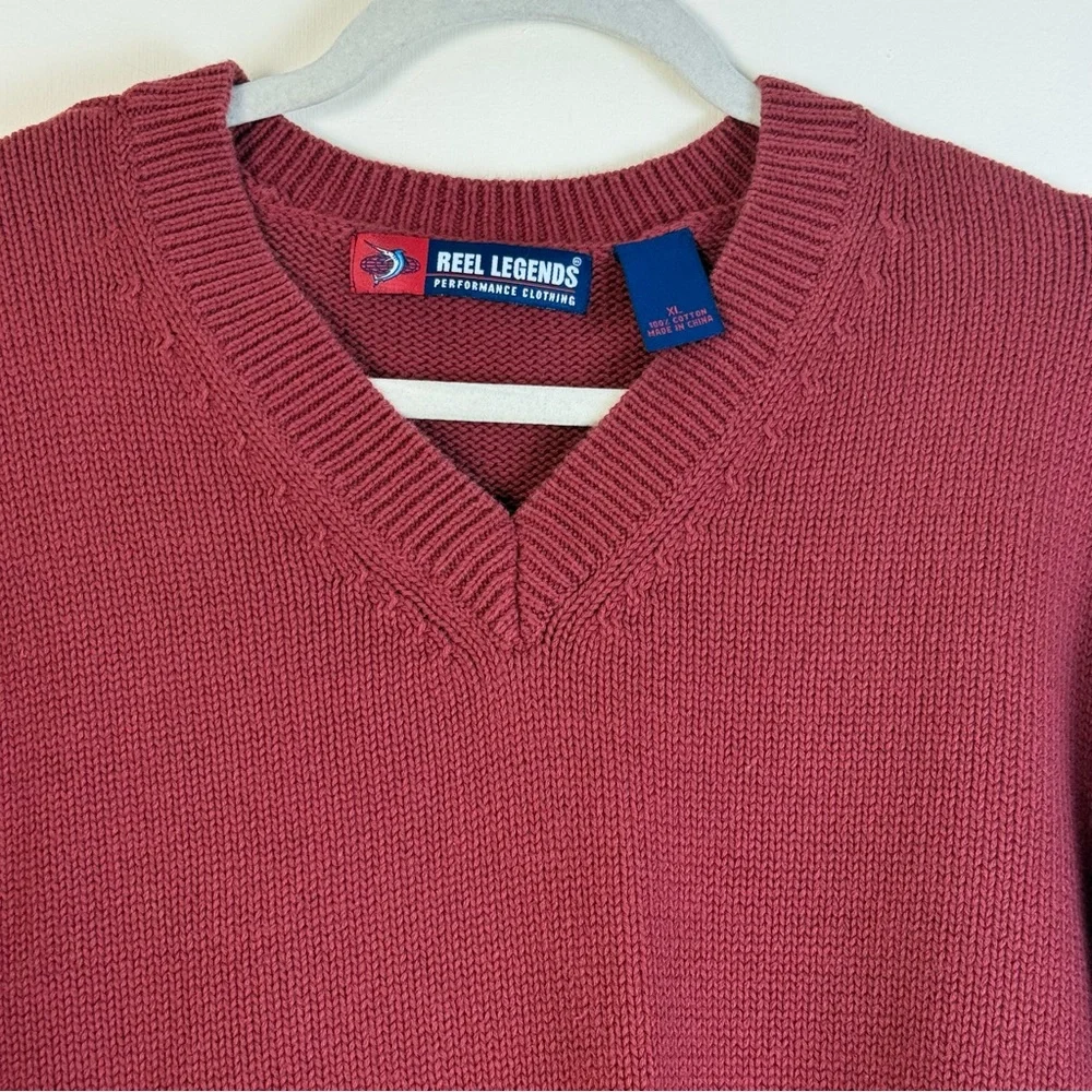 Reel Legends Men Maroon V-Neck Sweater Fisherman 100% Cotton‎ Ribbed Knitwear XL
